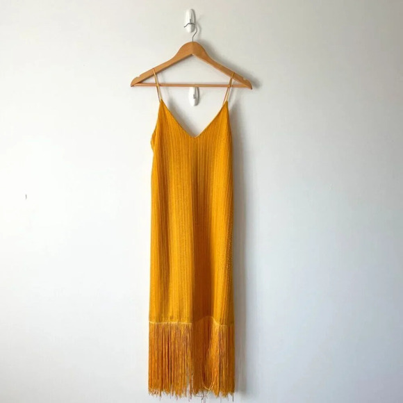 Zara Fringe Hem Midi Dress Marigold  Mustard Yellow Size Small - Picture 6 of 10